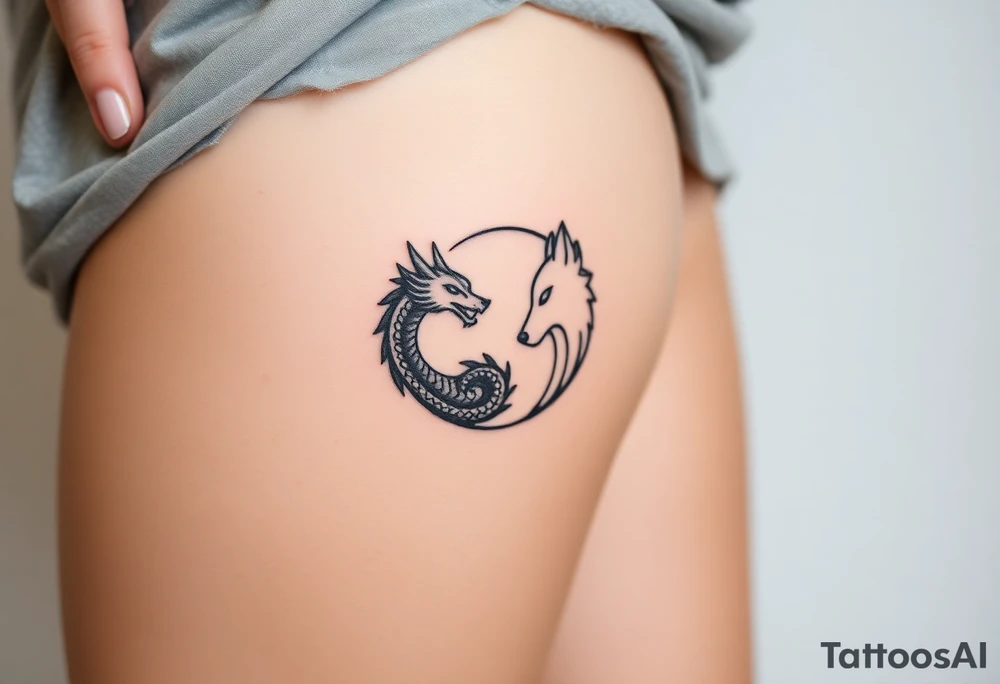 Ying yang symbol with one side a baby dragon and one side a wolf tattoo idea