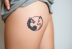 Ying yang symbol with one side a baby dragon and one side a wolf tattoo idea