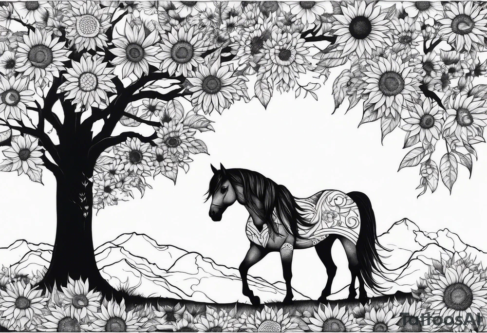 Yggdrasil tree, horse in front of it, and sunflowers tattoo idea