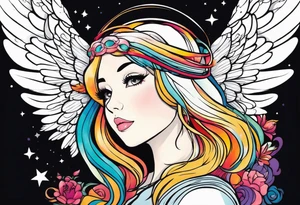 anime style art, girl angel side profile, with wings, with floating halo, anime style tattoo idea