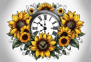 Sunflower clock leaves heart tattoo idea