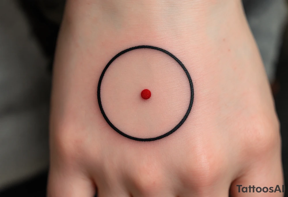 A minimalist black ink circle with a delicate red dot in its center, symbolizing focus and balance. tattoo idea