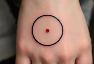 A minimalist black ink circle with a delicate red dot in its center, symbolizing focus and balance. tattoo idea