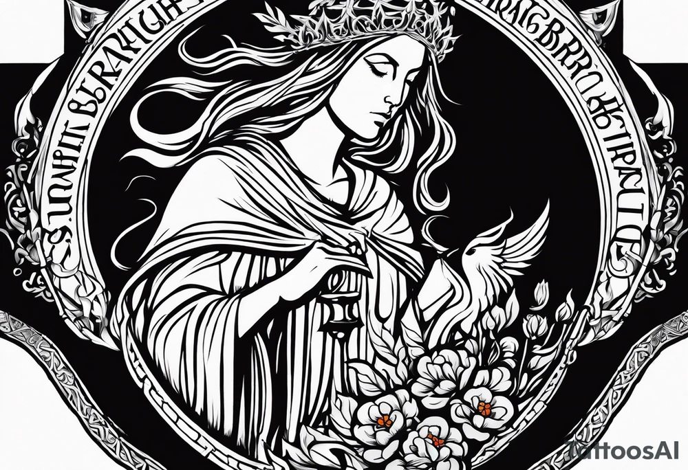 A full back piece themed on the surname mcbride and the irish saint brigid. It should take inspiration from artwork of saint brigid holding fire in her hands. It should have the text Vincit Pericula Virtus on it tattoo idea
