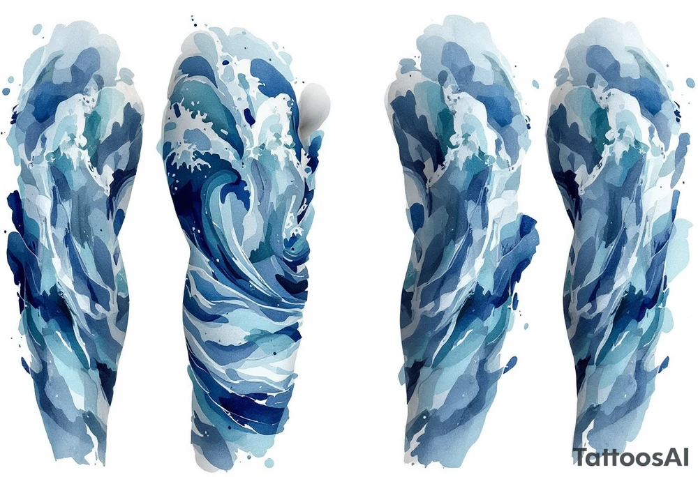 A wave in layered brushstrokes of teal, indigo, and gray mimics a watercolor painting. tattoo idea