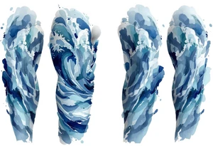 A wave in layered brushstrokes of teal, indigo, and gray mimics a watercolor painting. tattoo idea