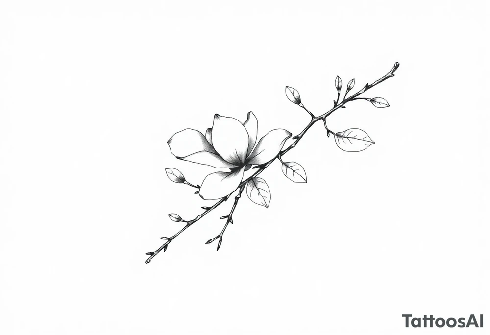 Long magnolia branch with botanical details tattoo idea