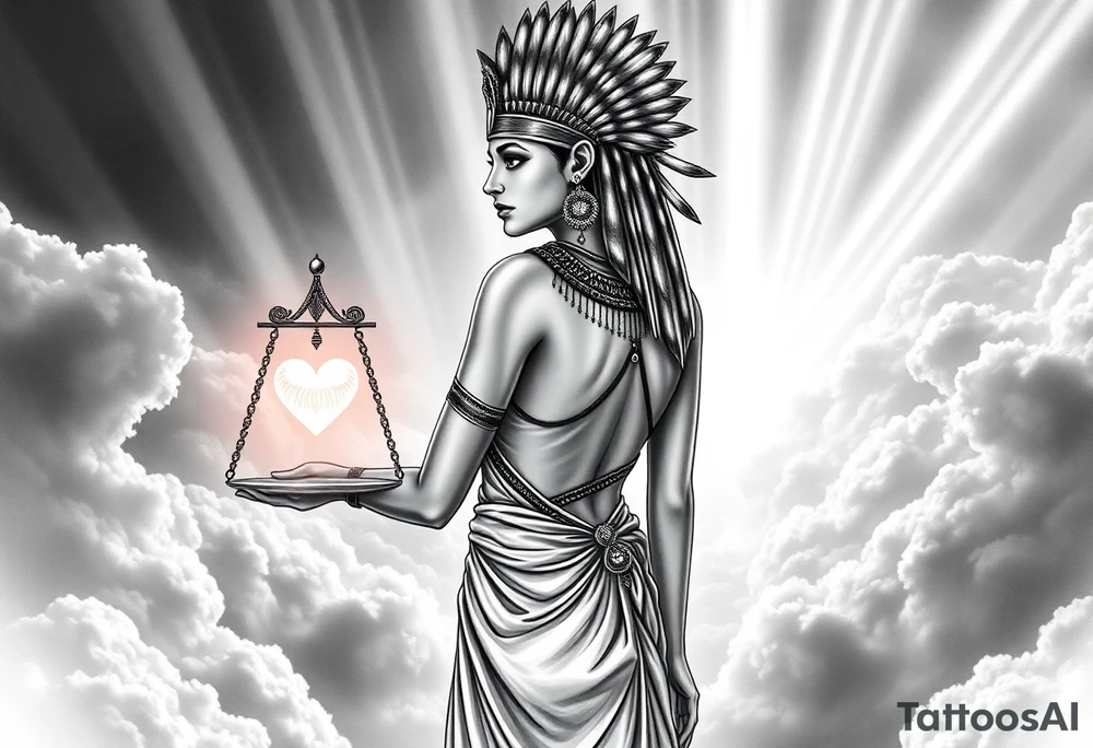 beautiful Egyptian goddess stands with her back slightly turned, accentuating her figure. Wearing a silk gown. She wears an elaborate ostrich feather headdress and ornate, intricate ancient Egyptian jewelry draped across her body. Her expression is mysterious and confident. In one hand, she holds the Scales of Justice: one side holds a radiant, glowing heart; the other, Ma’at’s feather. The scales themselves shimmer with an otherworldly light.
The background is a surreal, heavenly landscape filled with luminous clouds and beams of divine light piercing through, creating dramatic contrasts of deep shadows and highlights. The entire scene is bathed in an ethereal, mystical glow, with a dreamlike, almost supernatural atmosphere. tattoo idea