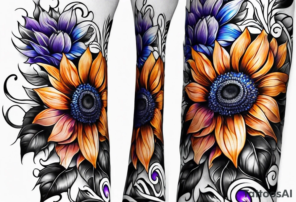 Full leg sleeve with purple, orange and blue sunflowers tattoo idea