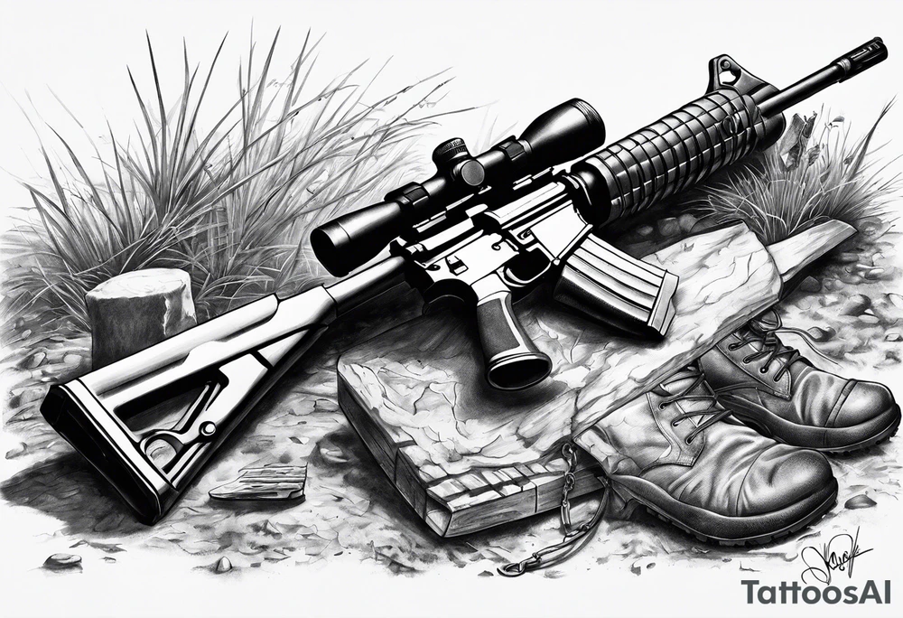 M4 rifle stuck in ground with boots at the base of the rifle and dog tags hanging from the grip tattoo idea