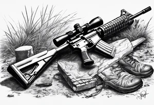 M4 rifle stuck in ground with boots at the base of the rifle and dog tags hanging from the grip tattoo idea