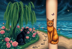 Night time. Ocean.  weeping willow garden with roses and liles flower beds. fantasy creatures, fairies, mermiads, dragons butterflies,  cat paw prints path in dirt. Black cat and orange cat tattoo idea