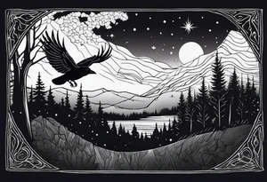 Raven swooping, occult, mystical, knowing, light behind its eyes, ethereal, night sky and trees in the background tattoo idea