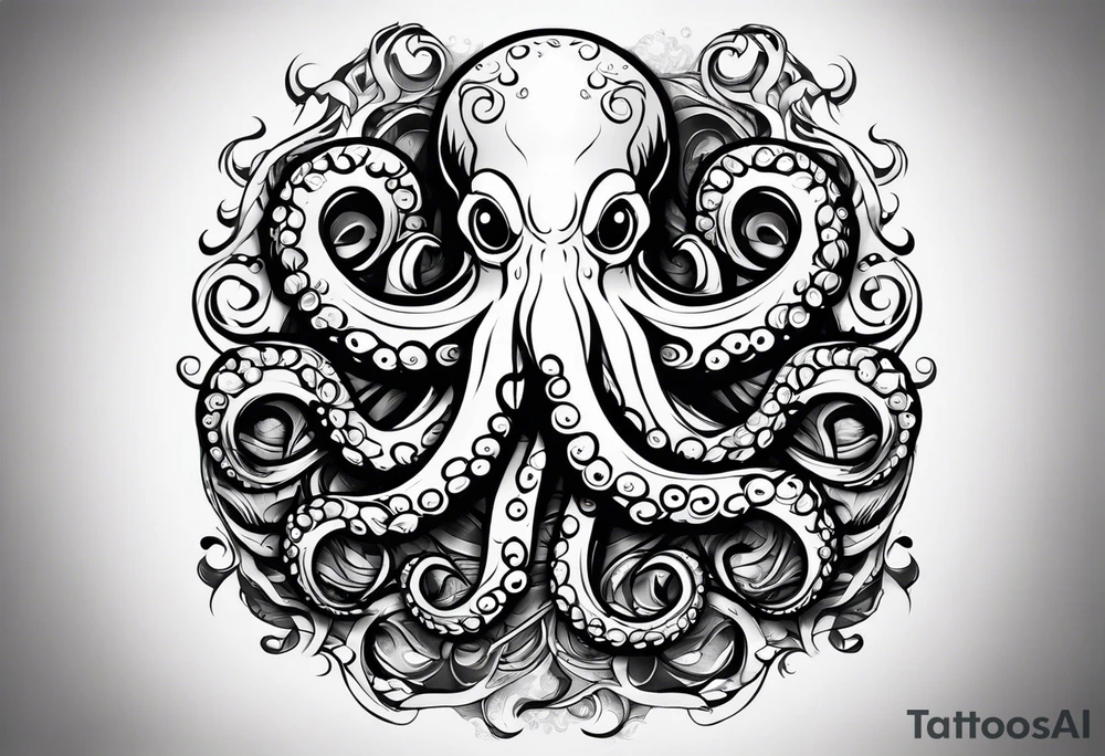 Tribal half sleeve. octopus surrounded by ribbons of water waves filled with fish. the octopus has no eyes. Use thick lines only with less detail. tattoo idea