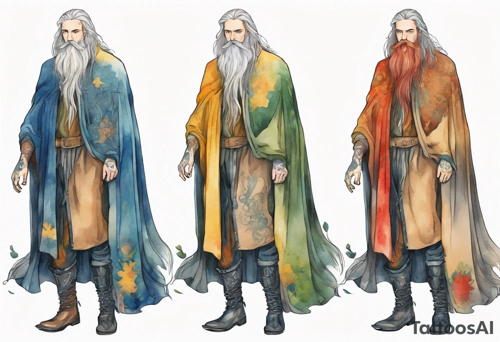 A tall, beautiful Swedish man with long multi-color hair and beard. Wearing a medieval cloak and boots. tattoo idea