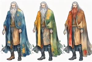A tall, beautiful Swedish man with long multi-color hair and beard. Wearing a medieval cloak and boots. tattoo idea