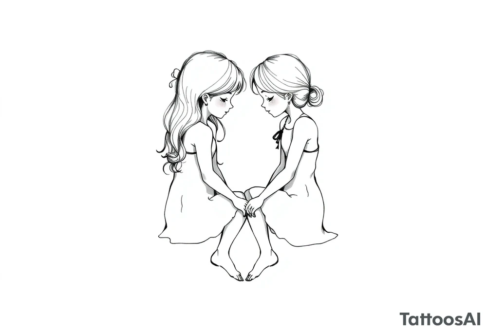 Zwei kleine mädchen sitzen sich gegenüber eine hat einen Dutt die andere einen Zopf und sie berühren sich an den Fußsohlen tattoo idea