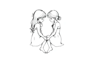 Zwei kleine mädchen sitzen sich gegenüber eine hat einen Dutt die andere einen Zopf und sie berühren sich an den Fußsohlen tattoo idea