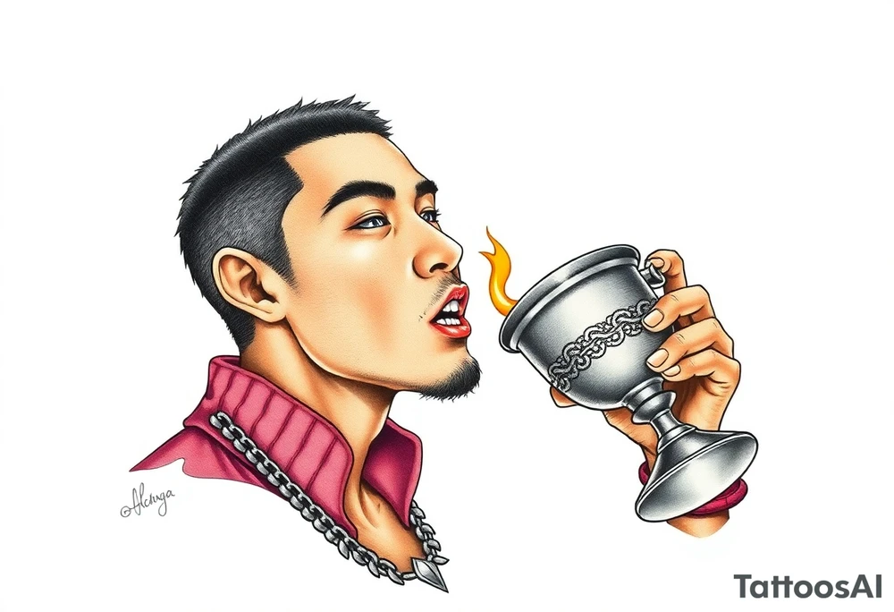 Handsome Asian young guy is drinking from medieval feast cup tattoo idea