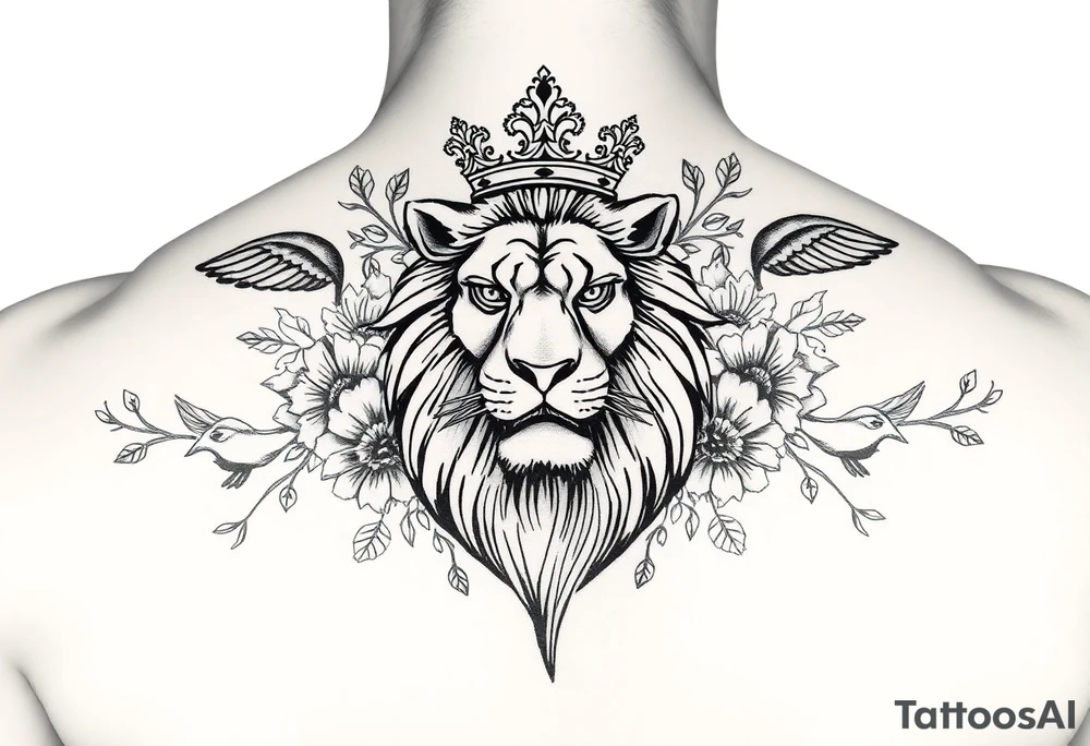 powerful majestic lion with a crown, surrounded by floral ornaments and birds tattoo idea
