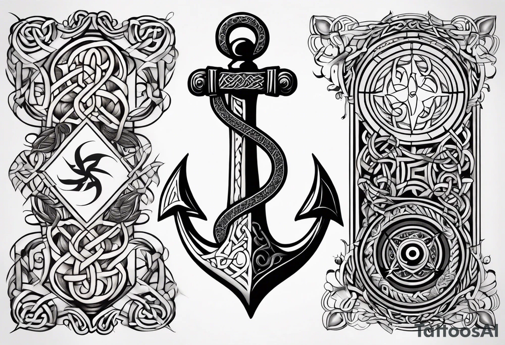 Celtic styling, anchor, compass, bass clef note, treble clef note, dog paw print, half sleeve, forearm tattoo idea