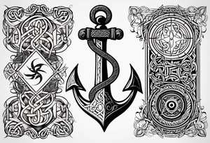 Celtic styling, anchor, compass, bass clef note, treble clef note, dog paw print, half sleeve, forearm tattoo idea