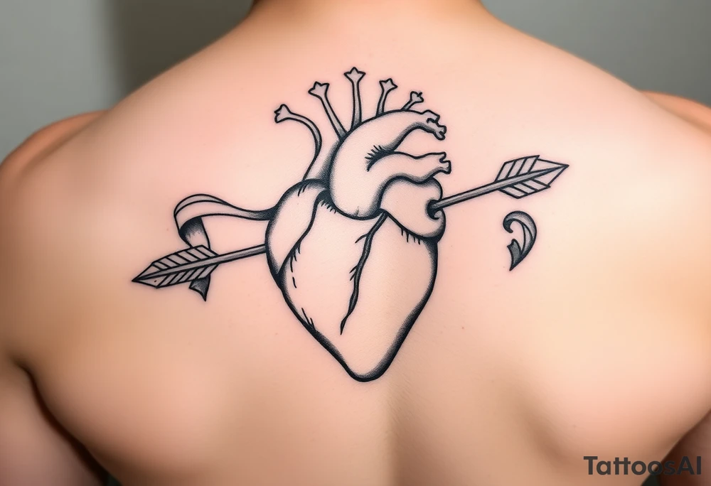anatomical heart pierced by ornate arrow with flowing ribbons tattoo idea