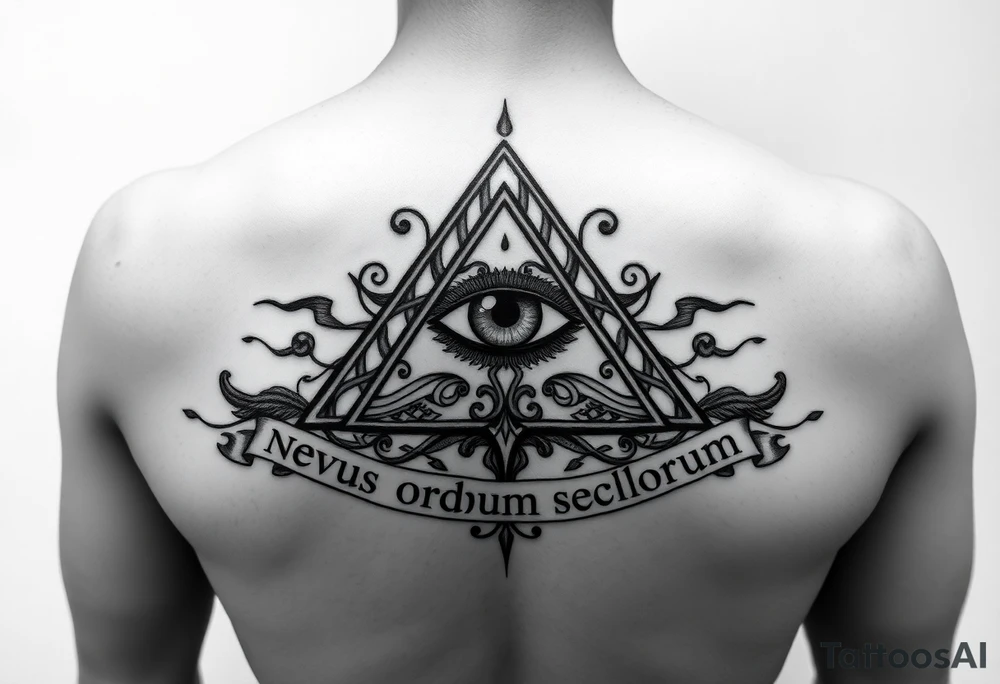 Pyramid with eye in the center, surrounded by words - novus ordum seclorum tattoo idea