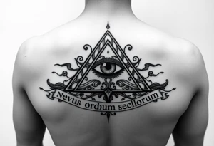 Pyramid with eye in the center, surrounded by words - novus ordum seclorum tattoo idea