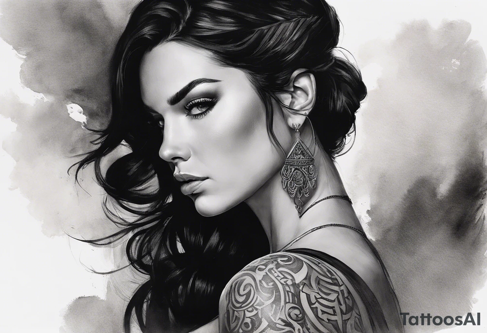 A white woman with dark hair and features. She will be posing sideways portrait style but looking head on. She needs to embody a modern warrior. . And the outside of the tattoo can fade away with smoke. It’s for my outer shoulder so it’s about 20x7cm her hair should be down and loose. She should be holding a queen of hearts that has a lion on it and another card that’s not closed. tattoo idea