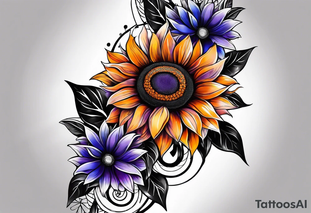 Full leg sleeve with purple, orange and blue sunflowers tattoo idea