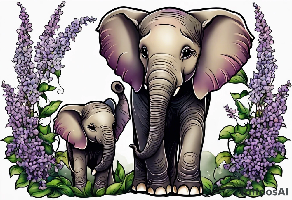 Baby elephant sitting with lilacs in its trunk tattoo idea