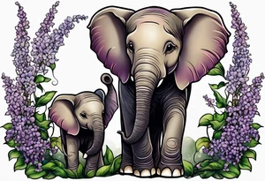 Baby elephant sitting with lilacs in its trunk tattoo idea