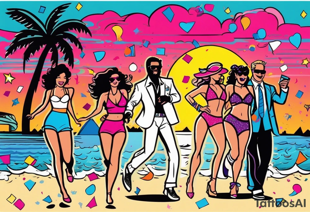 1980's miami vice style beach dance 
party, include confetti, music notes, boom box, SILHOUETTE bikinis sunset in the center tattoo idea