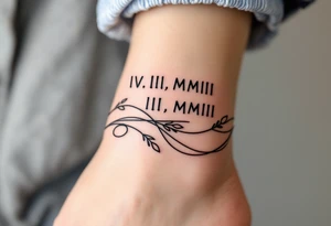 IV.III.MMIII in black and crimson ink wrapped around the wrist like a bracelet, symbolizing triplets’ birthday. tattoo idea