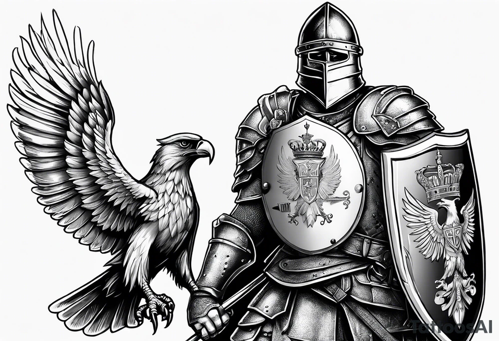 Serbian knight holding a shield with the Serbian eagle in the shield with a clock behind him tattoo idea