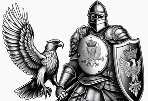 Serbian knight holding a shield with the Serbian eagle in the shield with a clock behind him tattoo idea