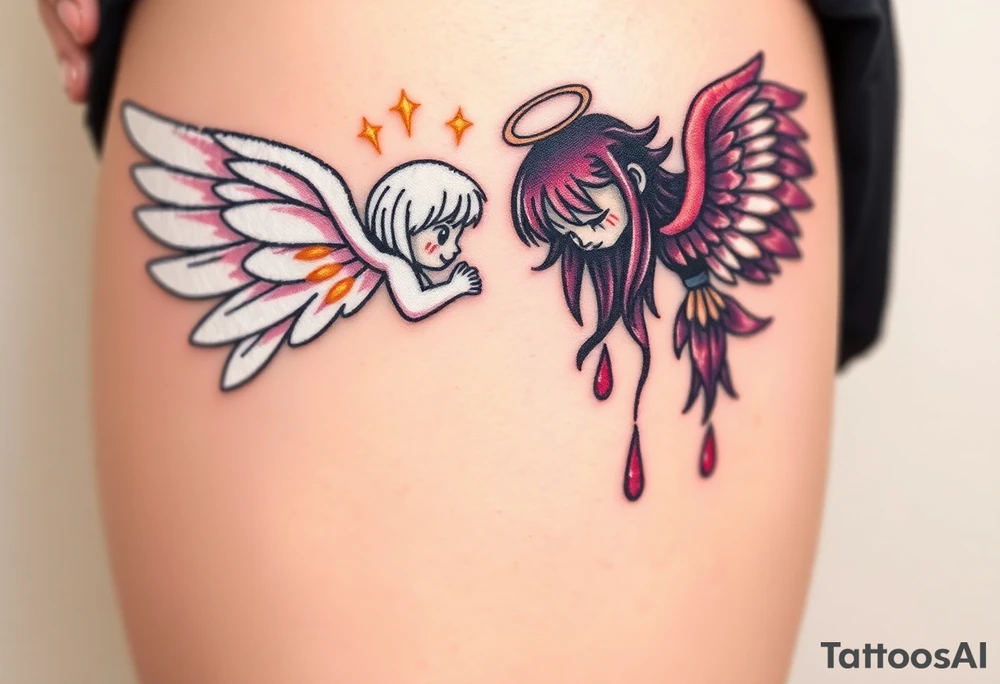 Seraphim angel, with brilliant white wings that shine with golden accents and divine light, is contrasted with a fallen angel, whose wings are tattered and darkened with deep purples, reds, and blacks, dripping with sorrowful tears of blood. tattoo idea