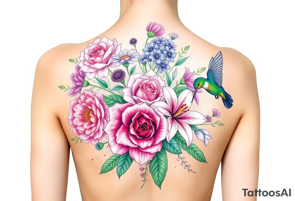 Bouquet of flowers With pastel carnation, Aster, rose, Lily, two Larkspur,  narciussus, And two hummingbirds. tattoo idea