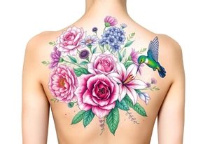 Bouquet of flowers With pastel carnation, Aster, rose, Lily, two Larkspur,  narciussus, And two hummingbirds. tattoo idea