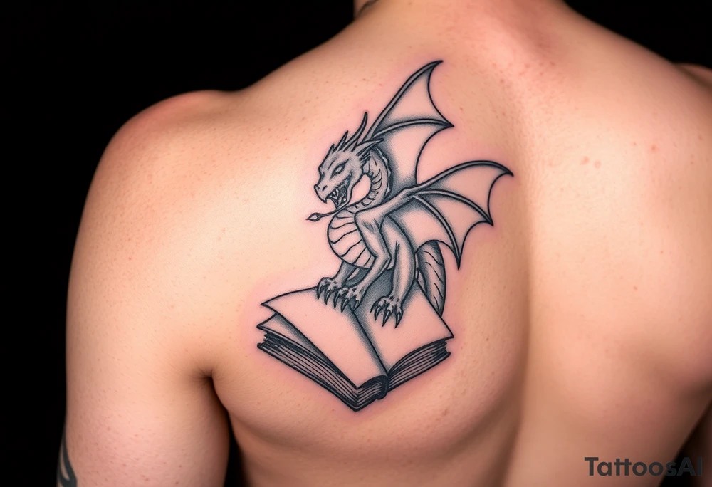 arm sleeve, fantasy, incorporates existing small tattoo of a dragon flying out of a book located just above the back of the elbow

Dungeons and Dragons
Warcraft
Lord of the Rings
Forgotten Realms tattoo idea