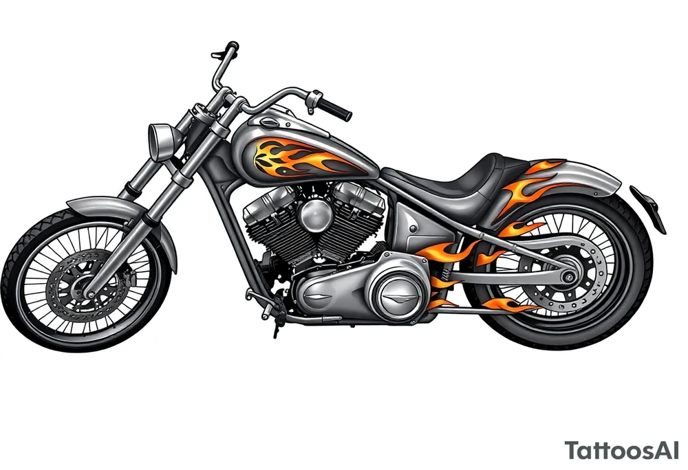Low rider grey motorcycle, flames, angel wings tattoo idea