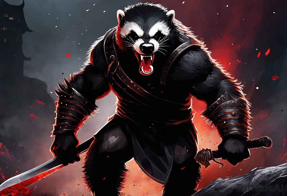 Draw me psychopath Fearless Honey Badger/Berserker with aggressive full body, killer face with a scary smile, very long nails and he attacks like a Bloody Assassin/Warrior/Gladiator to us and also, he has very deadly looking. He fights with his nails only. Everybody scares after their first sight. Give me horror type Badger Tattoo. I want to see his Realistic full body with no weapons. You can show destruction at the back. tattoo idea