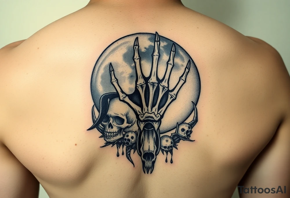 zodiac cancer skeletal hand snile with fangs on a fyull blood dead
y moon surrounded by dead quids
 and a hellishly starry sky tattoo idea