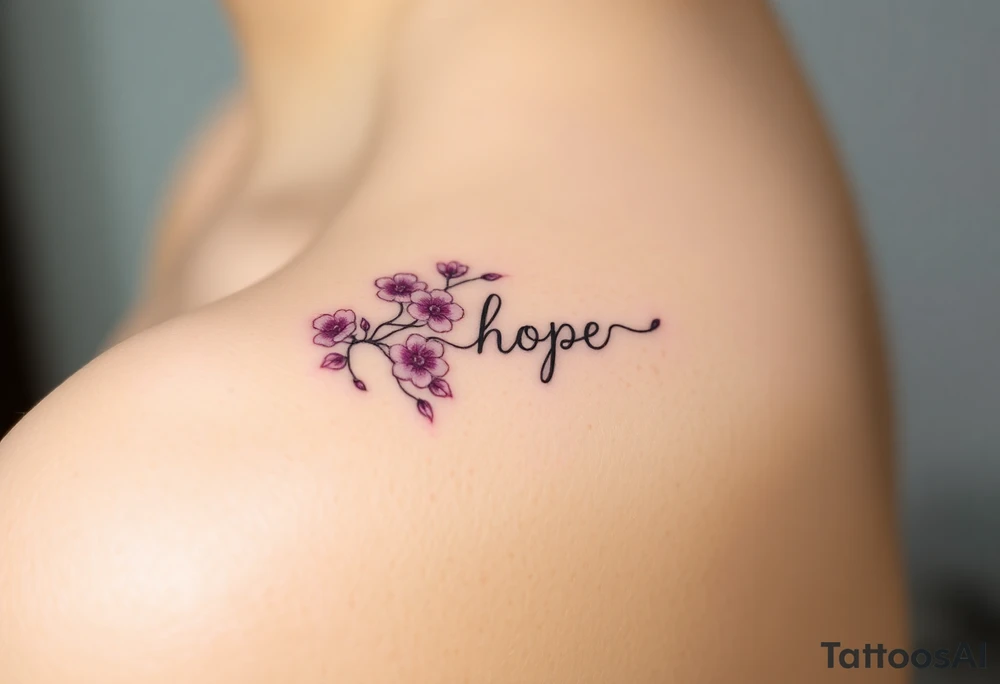 A delicate vine with intertwining flowers in shades of pink and violet, forming an infinity symbol and word "hope" tattoo idea