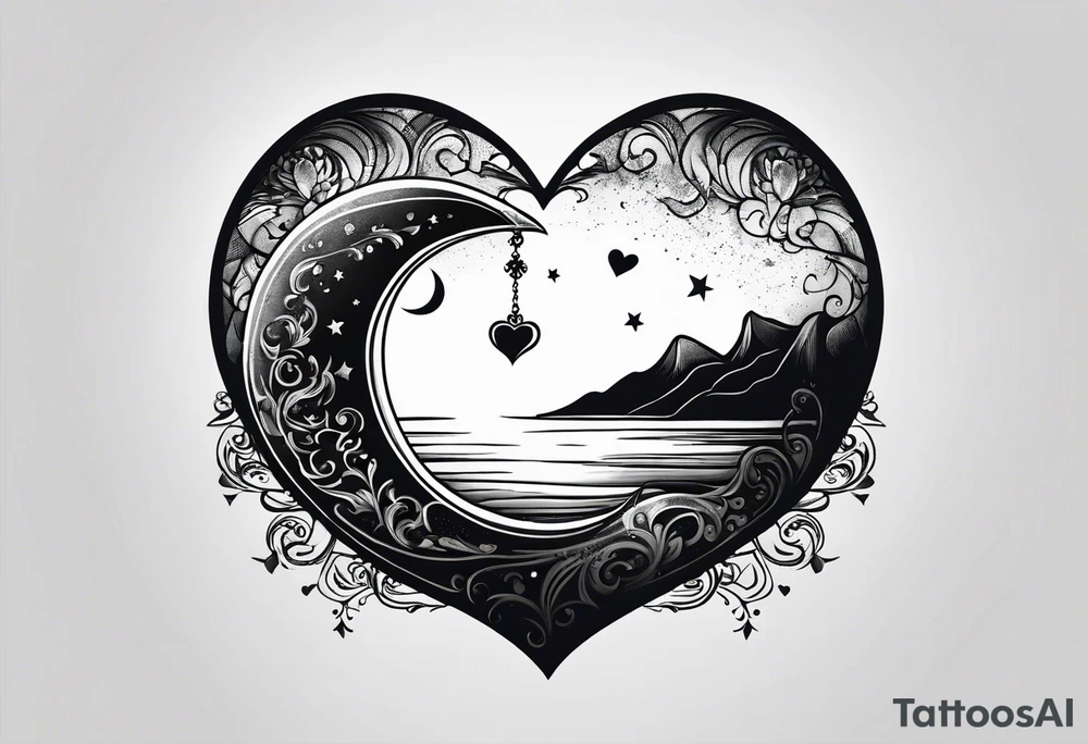 Crescent moon with a love heart inside it tattoo idea