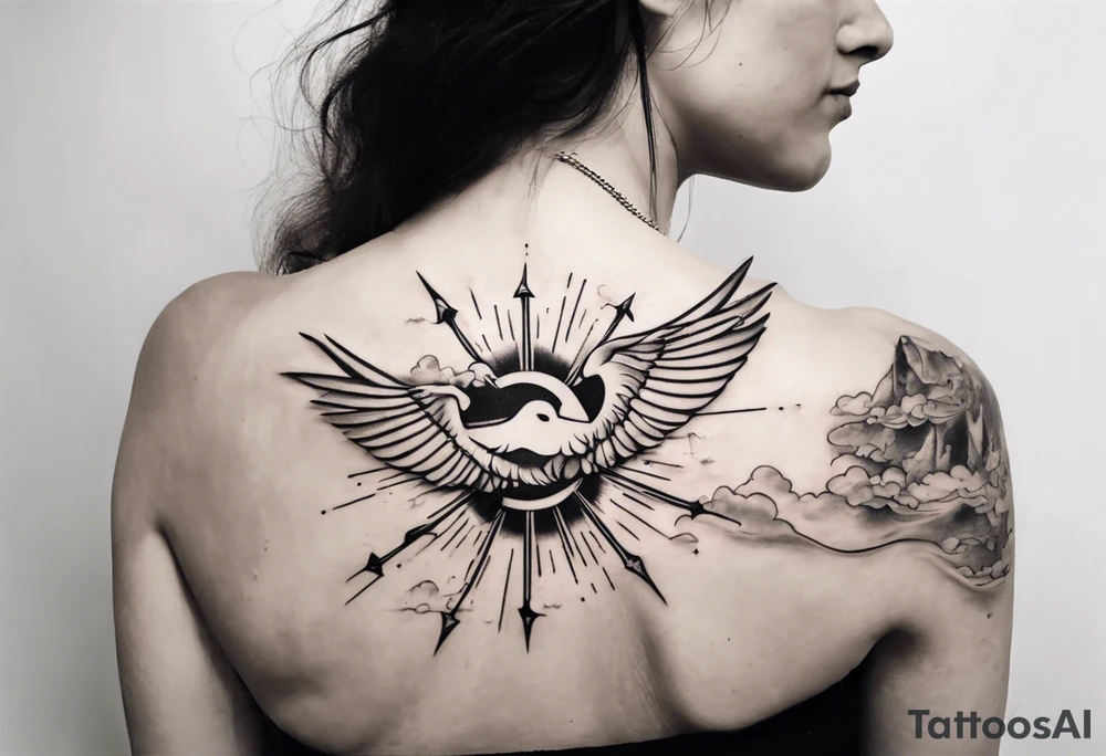 a shoulder tattoo with rays of light, clouds and birds flying free tattoo idea