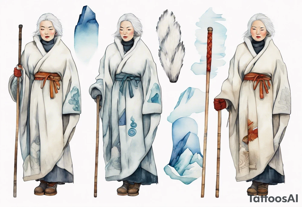 a 40 year old Inuit woman with white hair and a white robe and white mittens and mukluks holding a plain white staff, standing on an iceberg tattoo idea