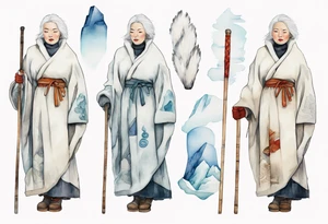 a 40 year old Inuit woman with white hair and a white robe and white mittens and mukluks holding a plain white staff, standing on an iceberg tattoo idea