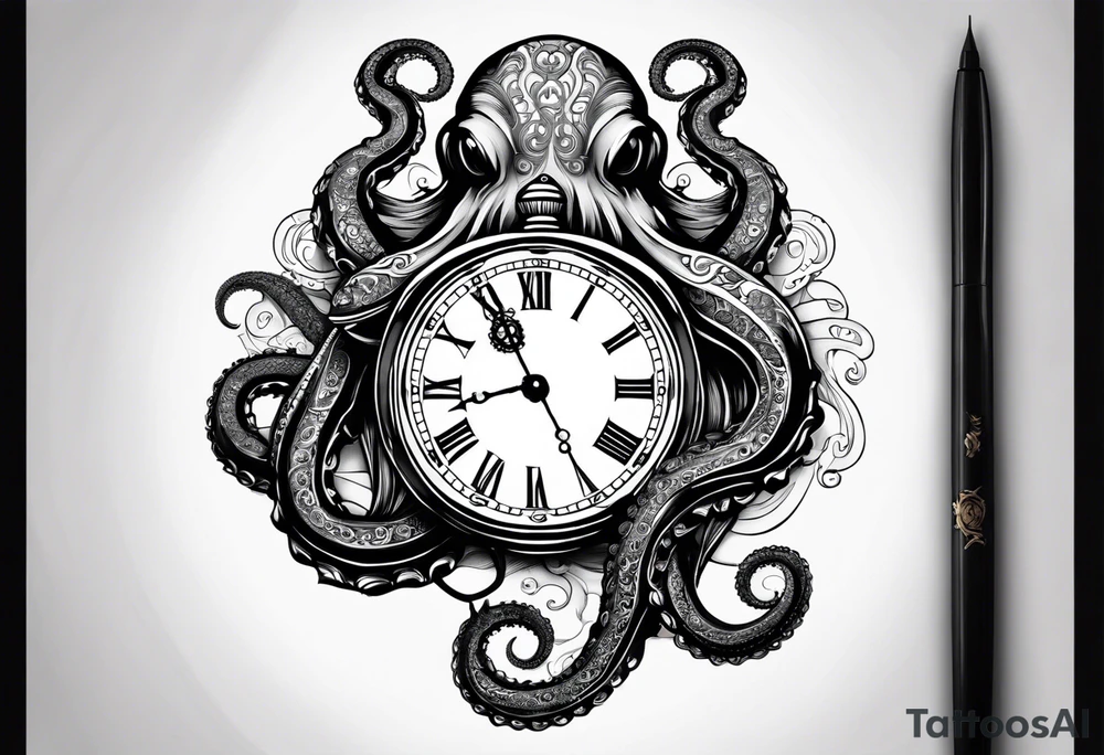 pocket watch being wrapped by an octopus tattoo idea